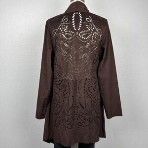 Soft Surroundings Chocolate Brown Faux Suede Laser Cut Drape Front Jacket Size S